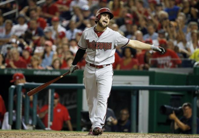 Arizona Diamondbacks' Ender Inciarte (5) reacts after striking out during the fourth inning of a baseball game against the Washington Nationals at Nationals Park, Tuesday, Aug. 4, 2015, in Washington. (AP Photo/Alex Brandon)