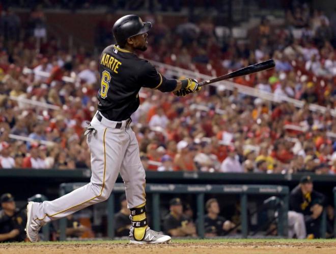 Pittsburgh Pirates' Starling Marte watches his two-run home run during the ninth inning of a baseball game against the St. Louis Cardinals, Sunday, Sept. 6, 2015, in St. Louis. (AP Photo/Jeff Roberson)